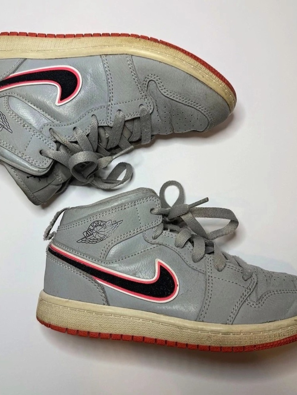 Nike Air Jordan 1 Mid Wolf Grey Racer Pink and Black.  Kids Size 1Y